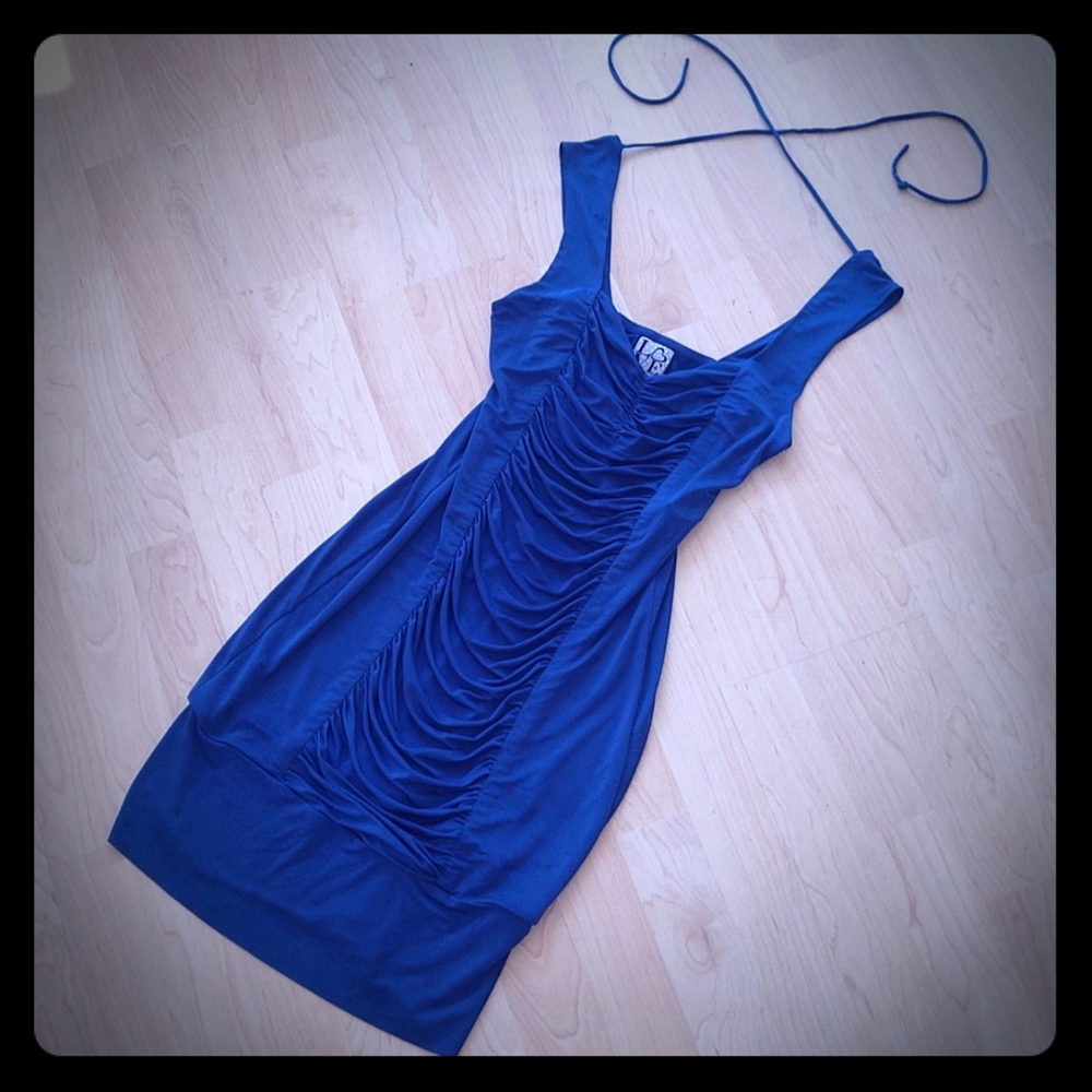 😇 Sexy Ruched Blue Silky Mini Dress Navy Tie Back